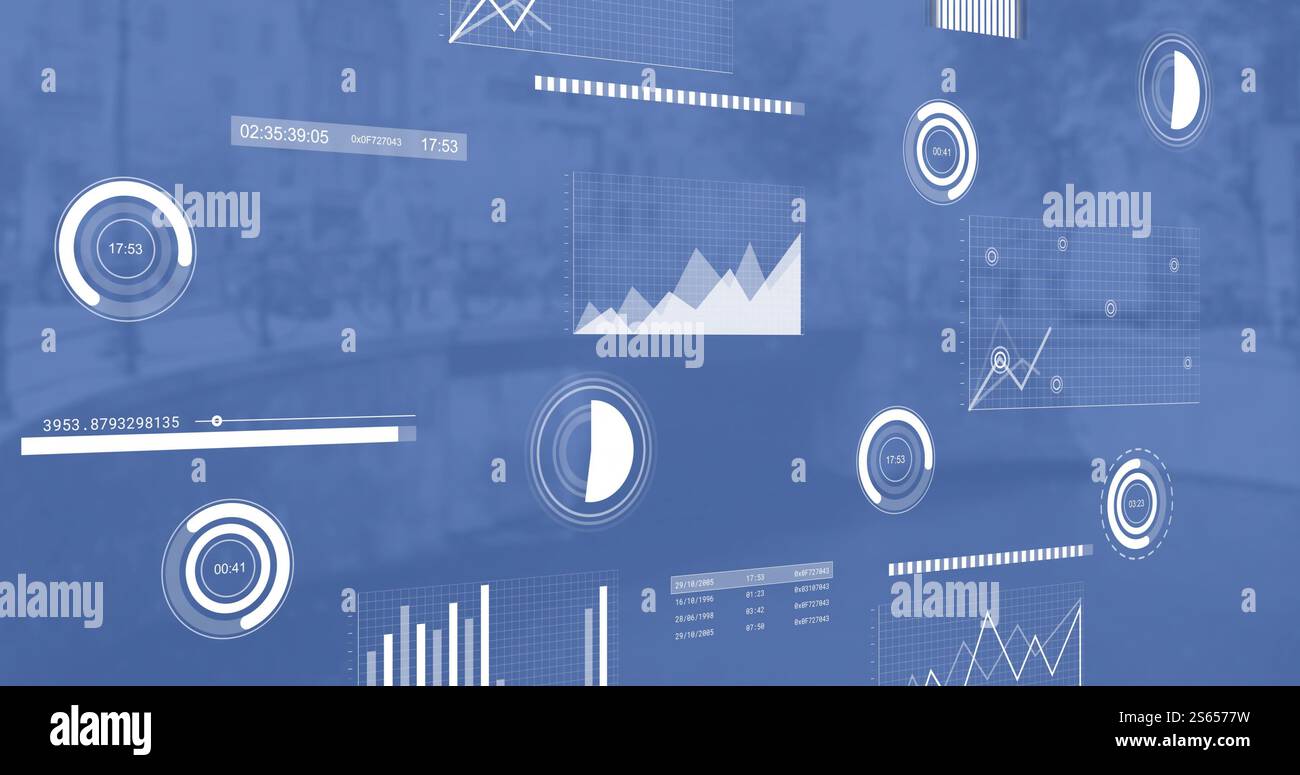 Image of charts processing data over blue cityscape Stock Photo