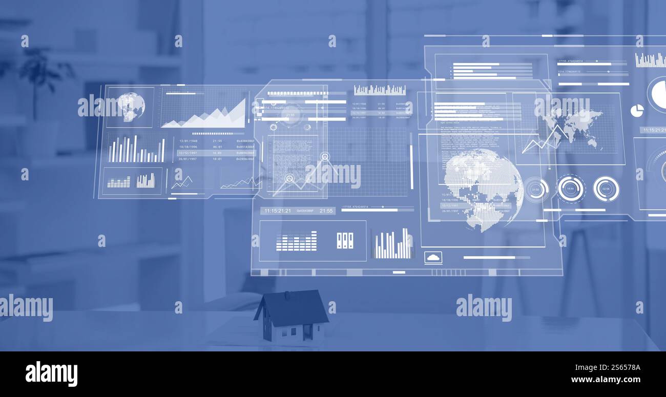Image of interface charts processing data over interior with cityscape ...