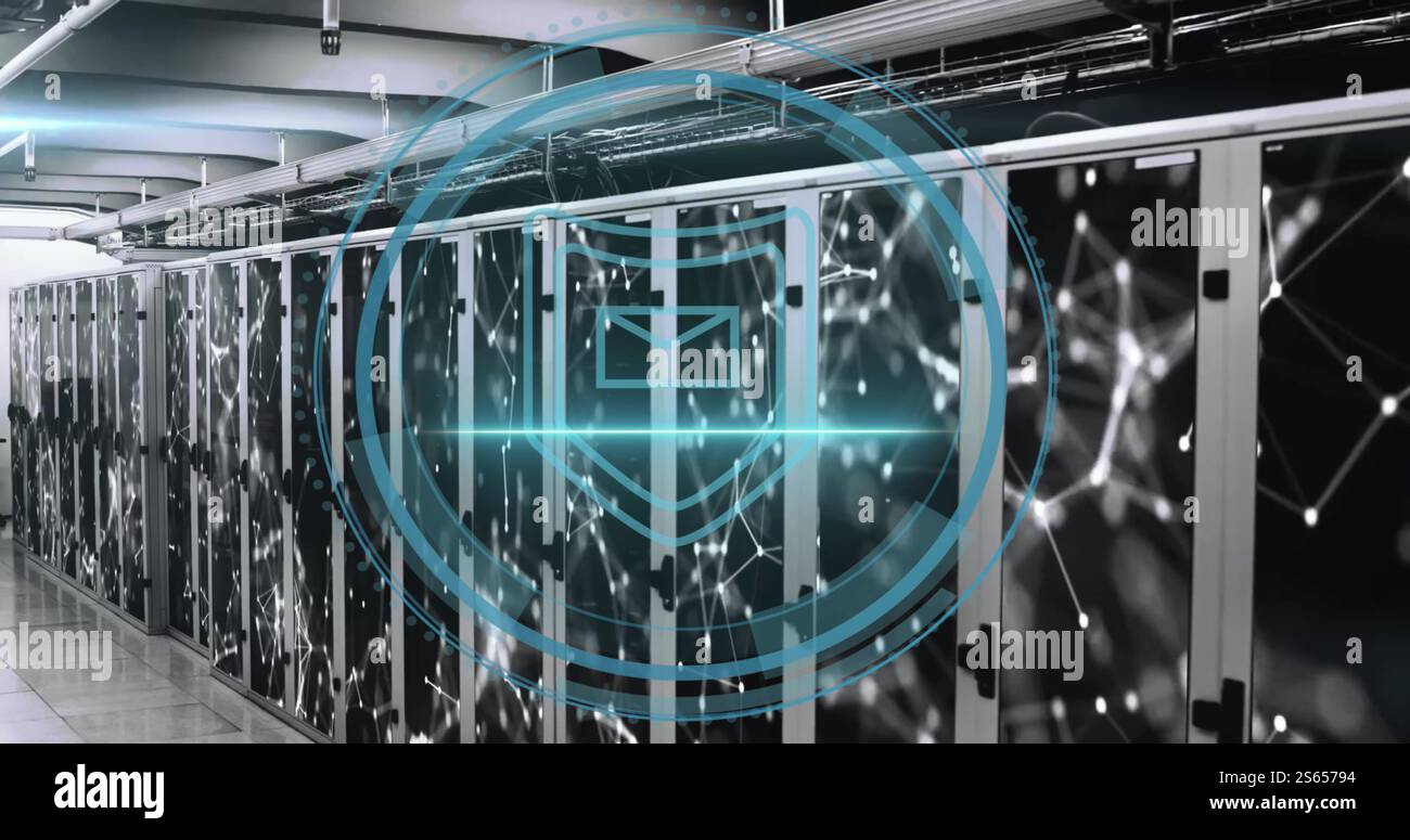 Image of cyber security text, scanner with mail security icon and ...