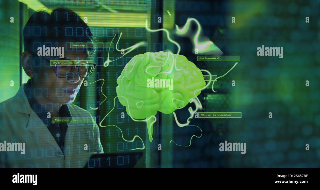 Image of human brain, binary coding over it male engineer by computer servers Stock Photo