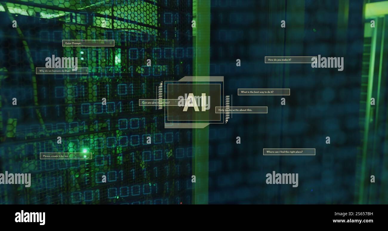 Image of ai text, binary coding data processing over computer servers Stock Photo