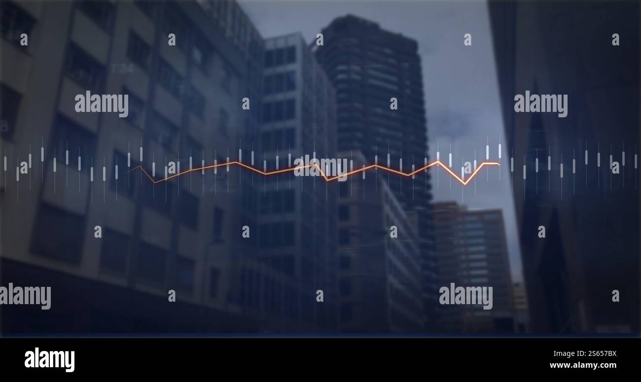 Image of financial data processing over cityscape Stock Photo