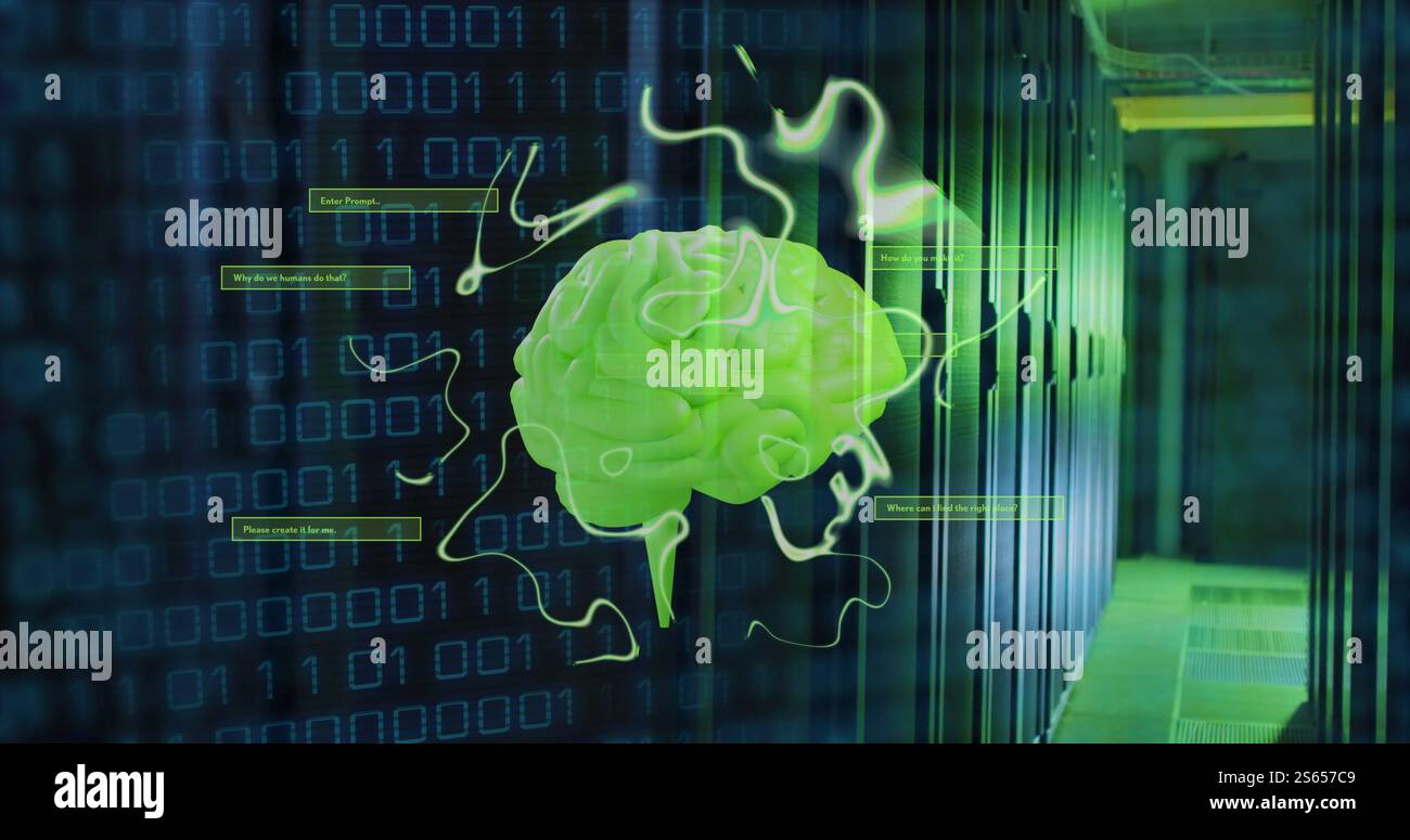 Image of human brain and binary coding data processing over computer servers Stock Photo
