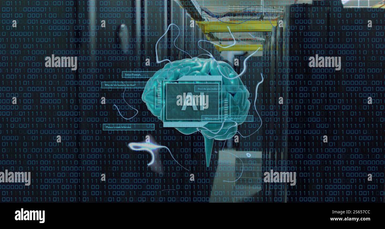Image of ai text, human brain and data processing over computer servers ...