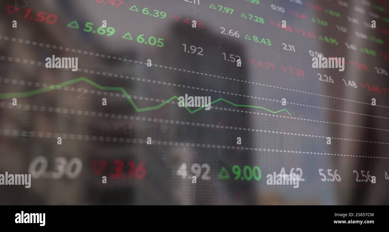Image of financial data processing over cityscape Stock Photo