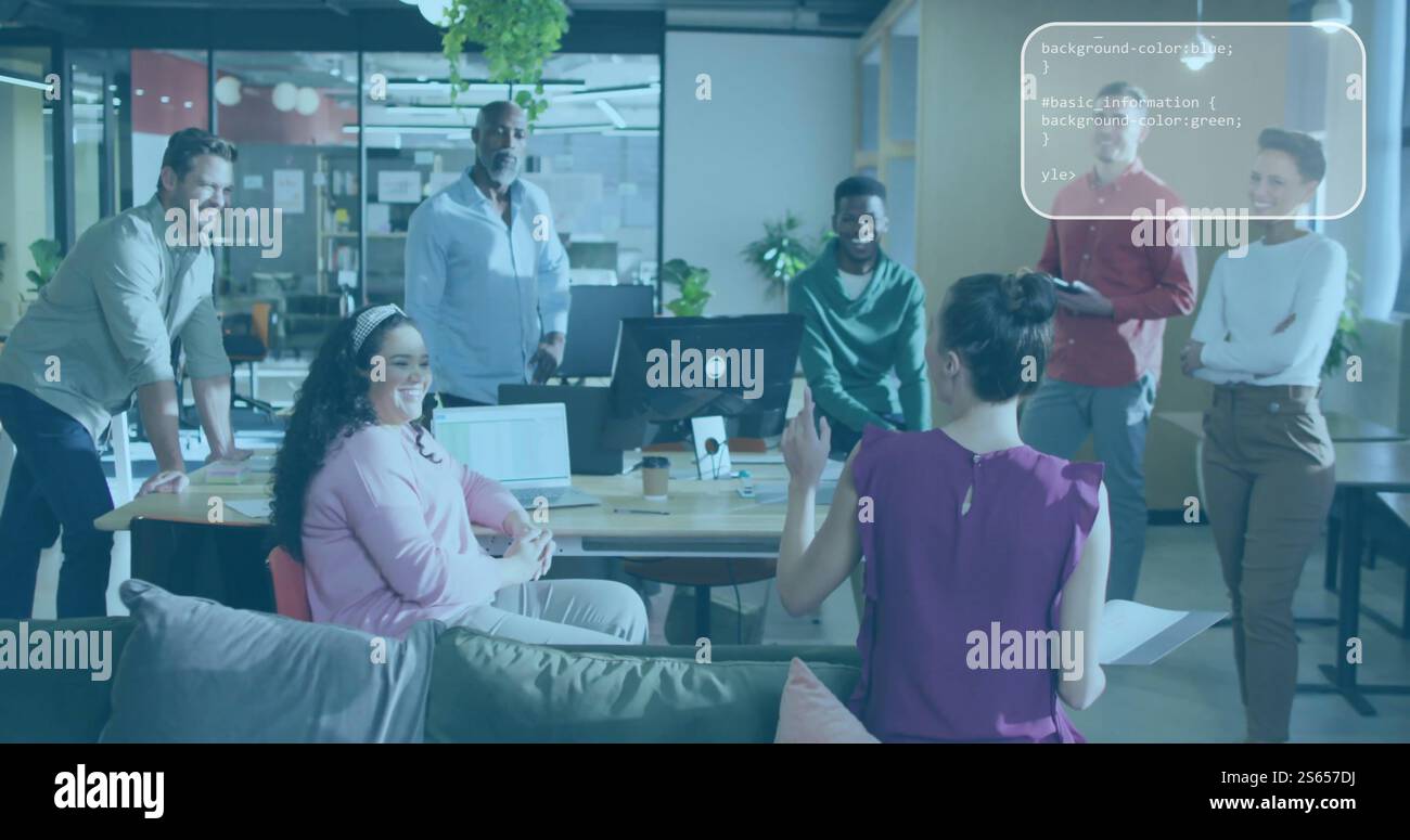 Image of data processing and digital screens over diverse colleagues ...
