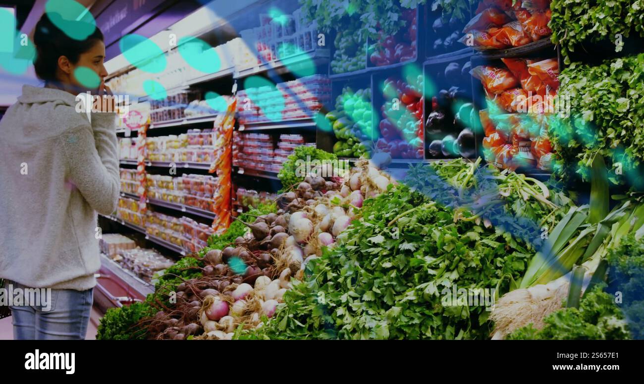 Image of data processing and world map over caucasian woman picking ...