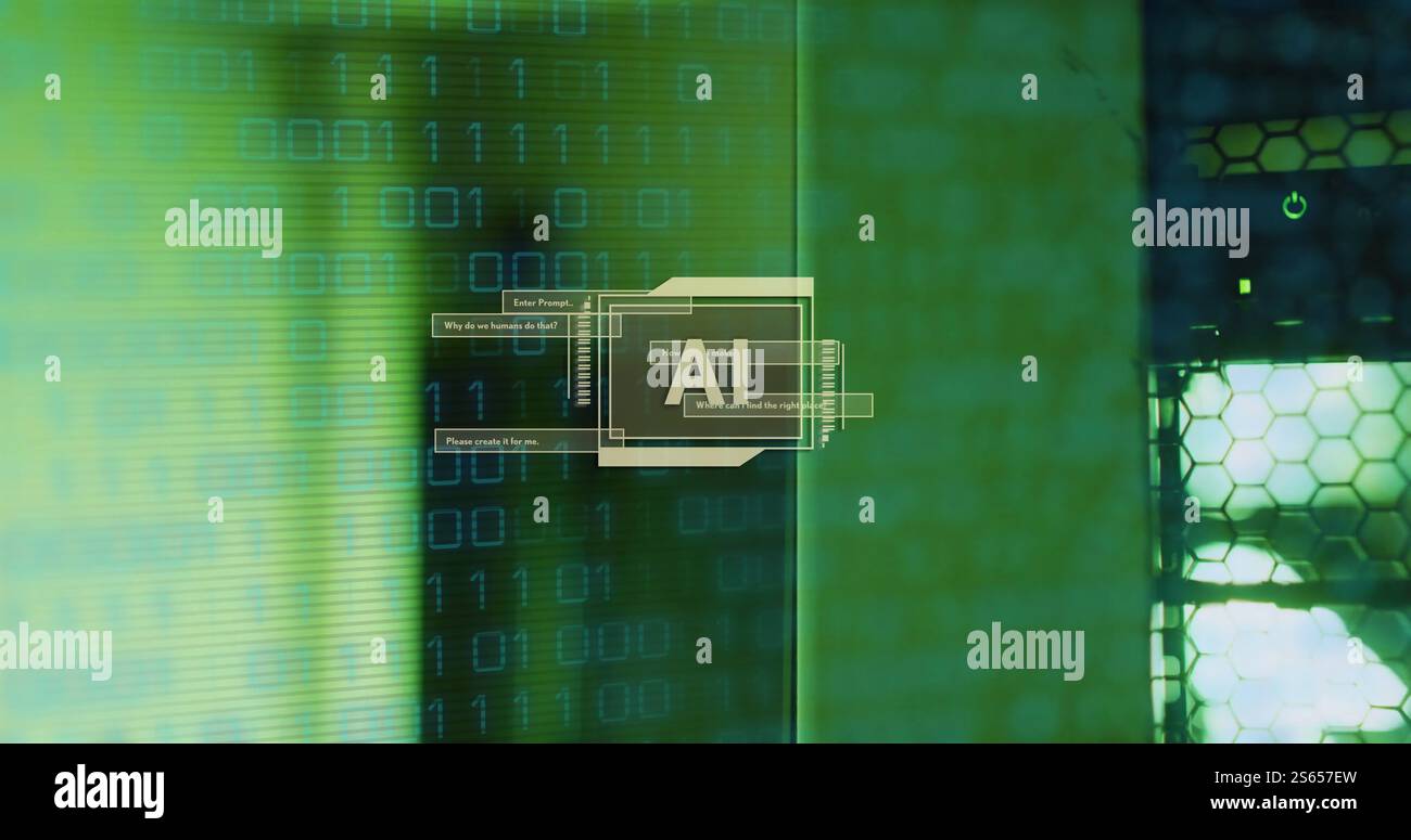 Image of ai text, binary coding data processing over computer servers Stock Photo