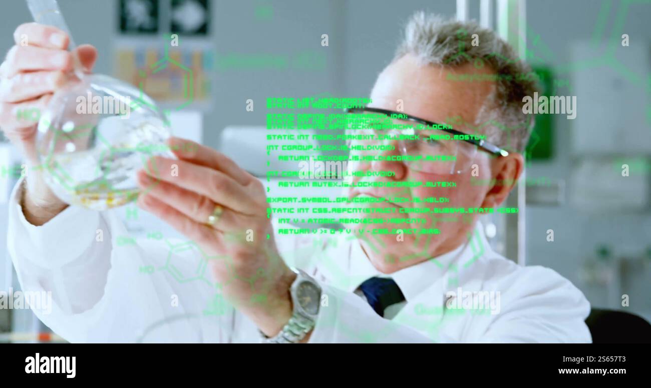 Image of data processing and chemical formula over caucasian male scientist holding vial Stock Photo
