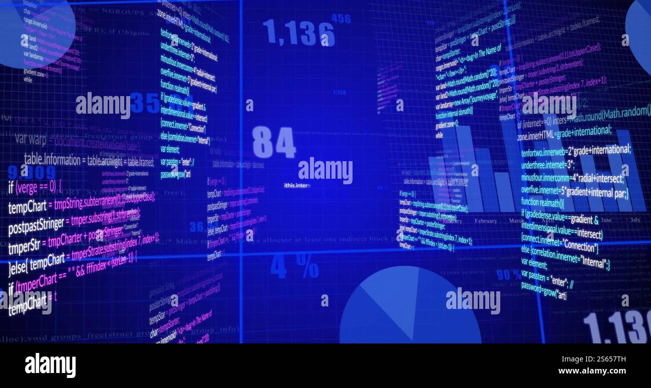 Computer code and data visualization image over blue digital background ...