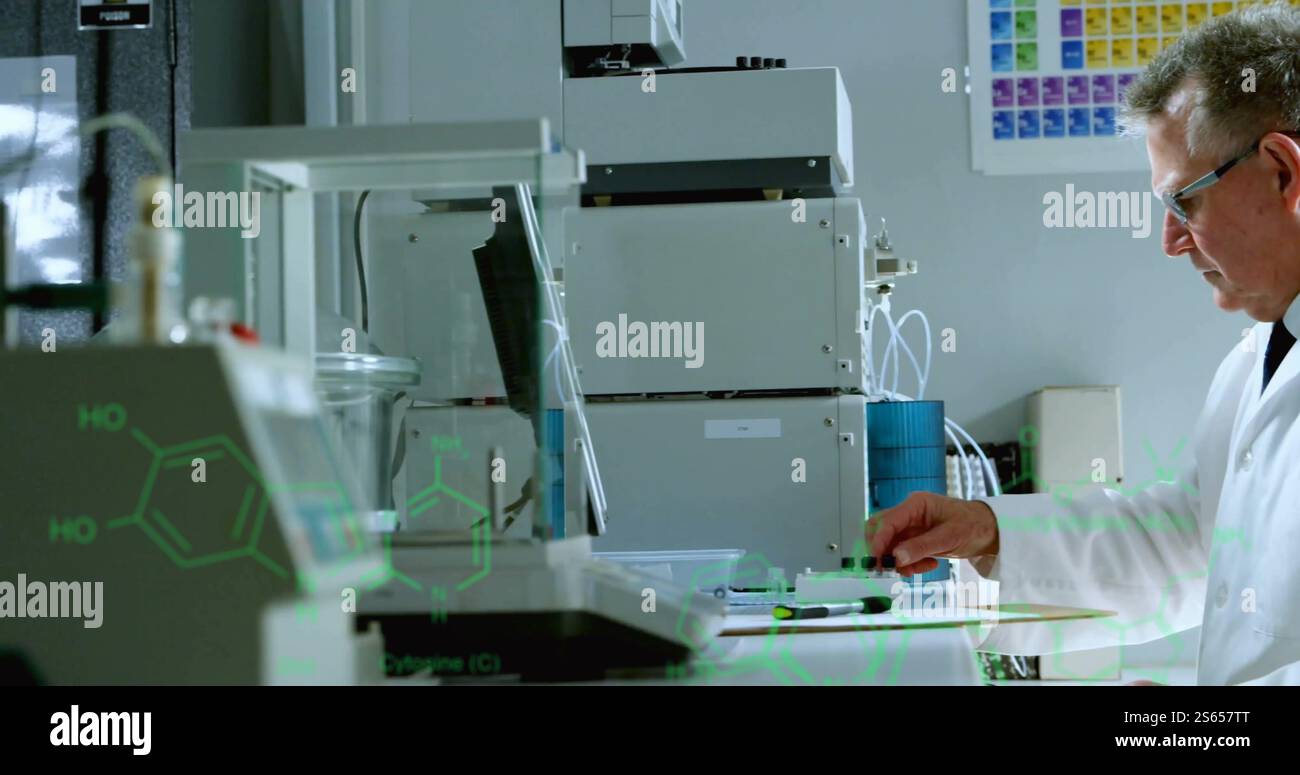 Image of data processing and chemical formula over caucasian male ...