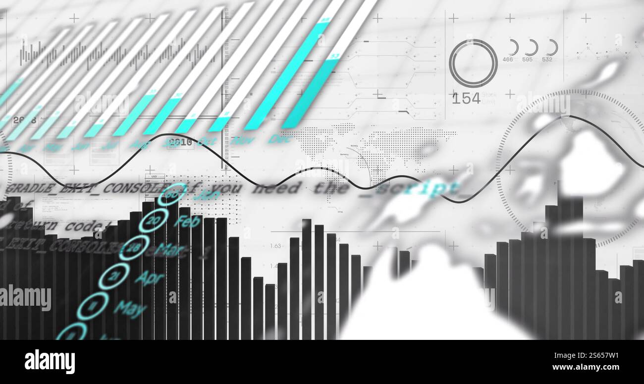 Financial data and bar chart image over world map and graphs Stock Photo