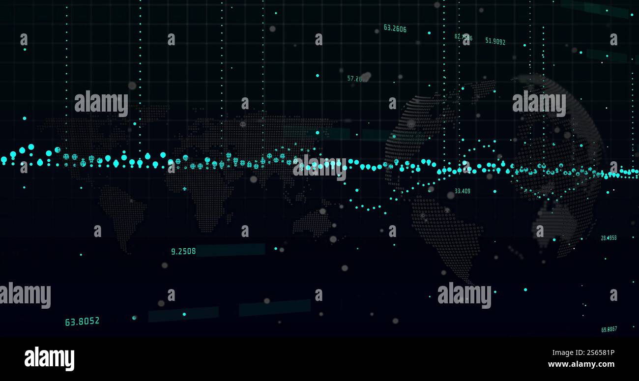 Global data points and numerical values image over world map background ...