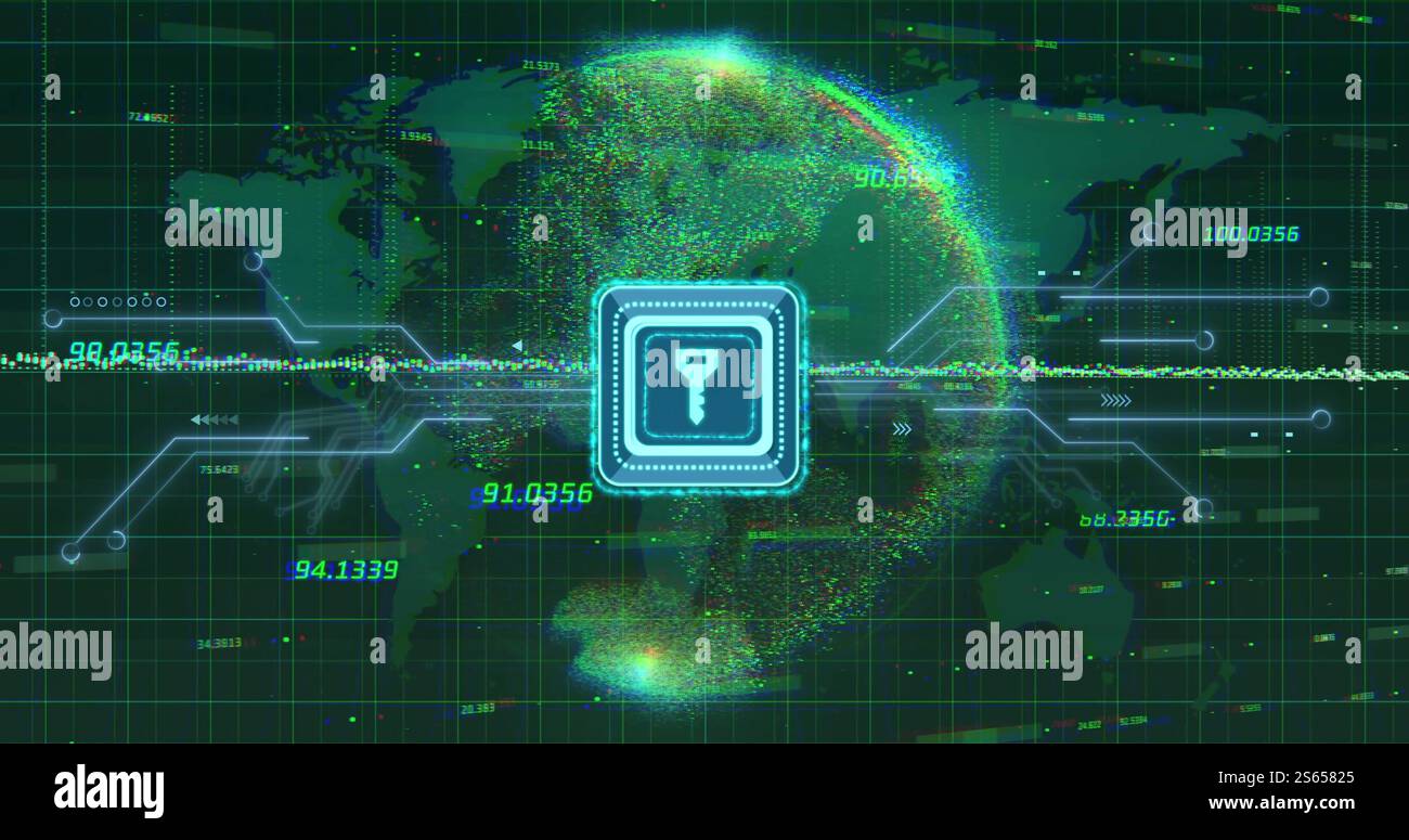 Digital key icon and data encryption image over world map and globe ...
