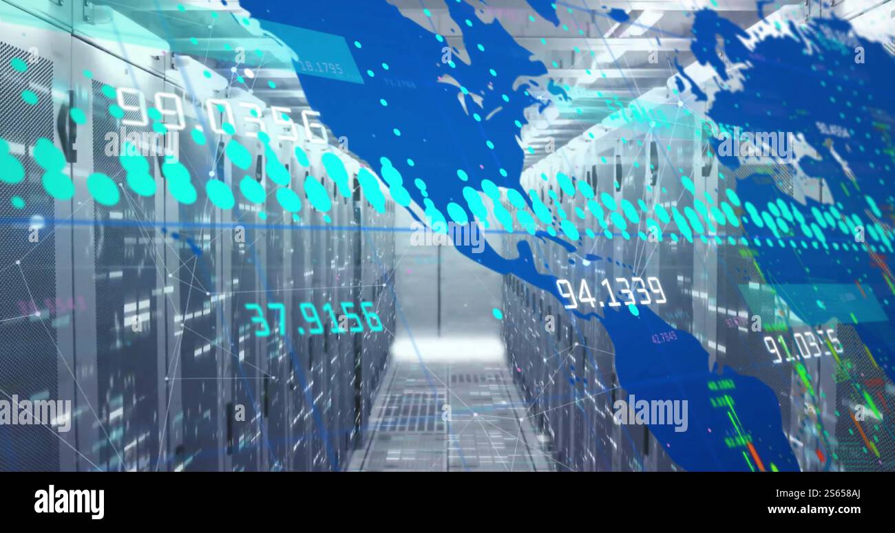Image of data processing and world map over server room Stock Photo - Alamy