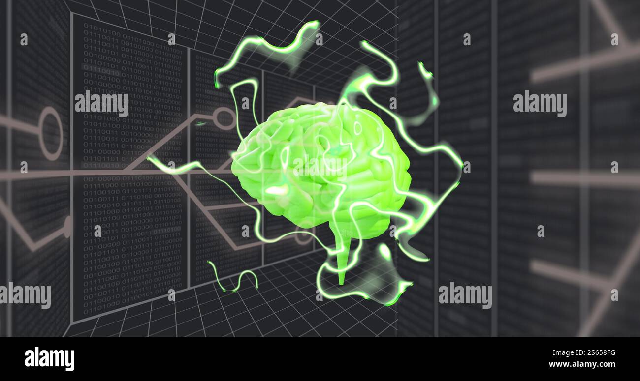 Image of digital brain spinning over connections Stock Photo