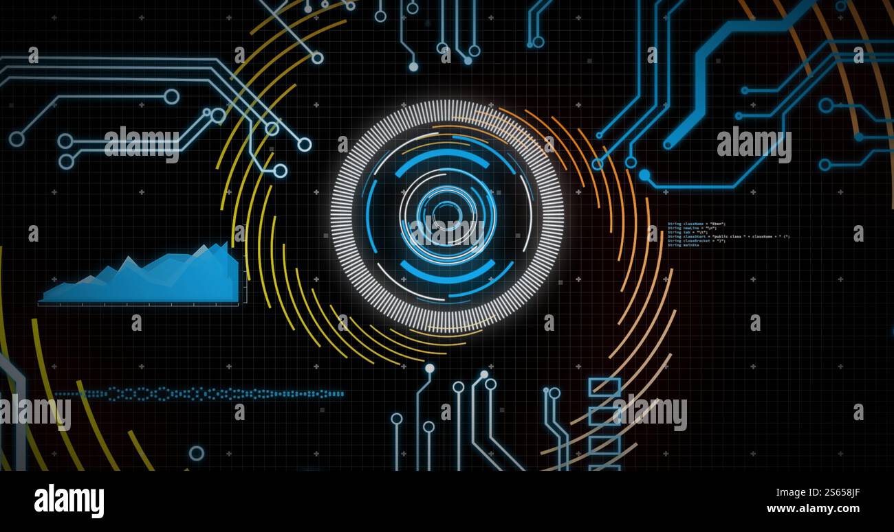 Image of data processing with scope scanning over spinning lines on black background Stock Photo