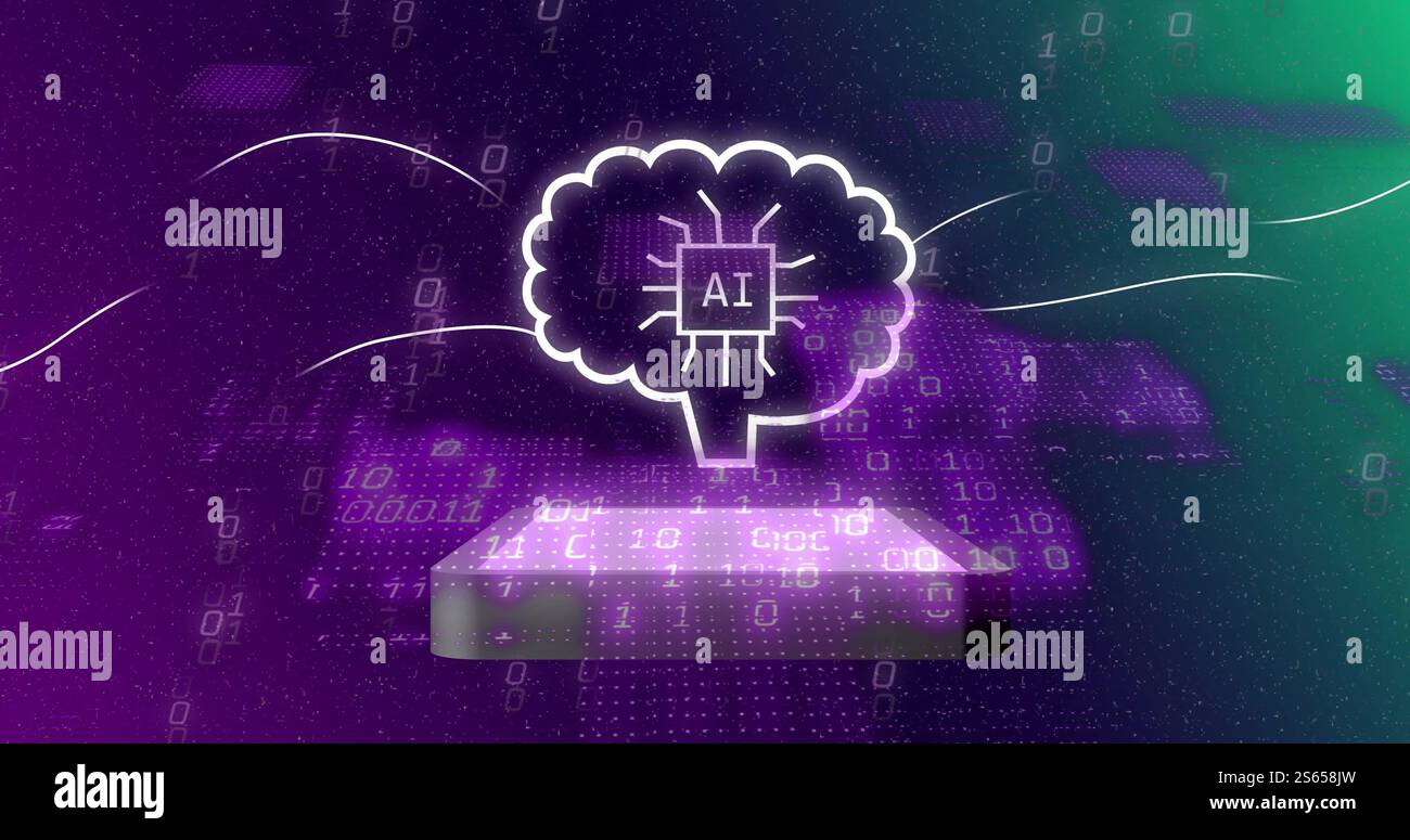 Image of digital brain with ai text over binary coding Stock Photo
