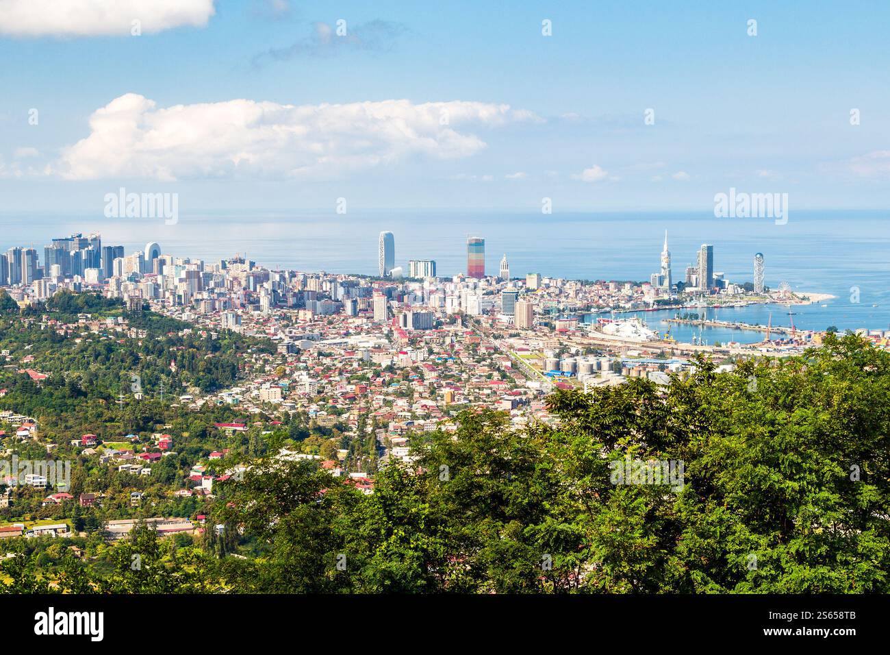travel to Georgia - view of Batumi city with port and suburbs and Black ...