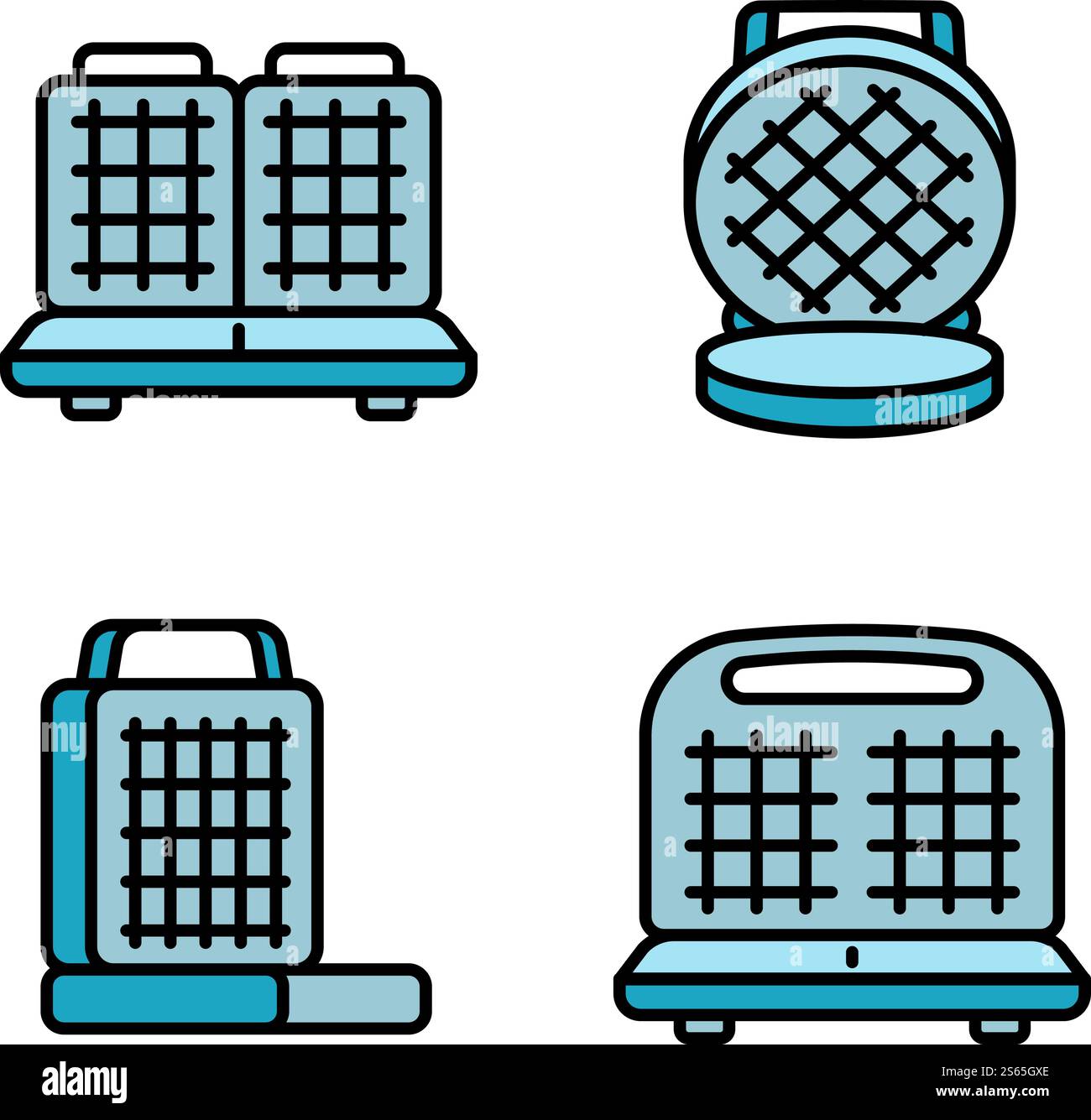 Waffle-iron icons set. Outline set of waffle-iron vector icons for web design isolated on white background. Waffle-iron icons set, outline style Stock Vector