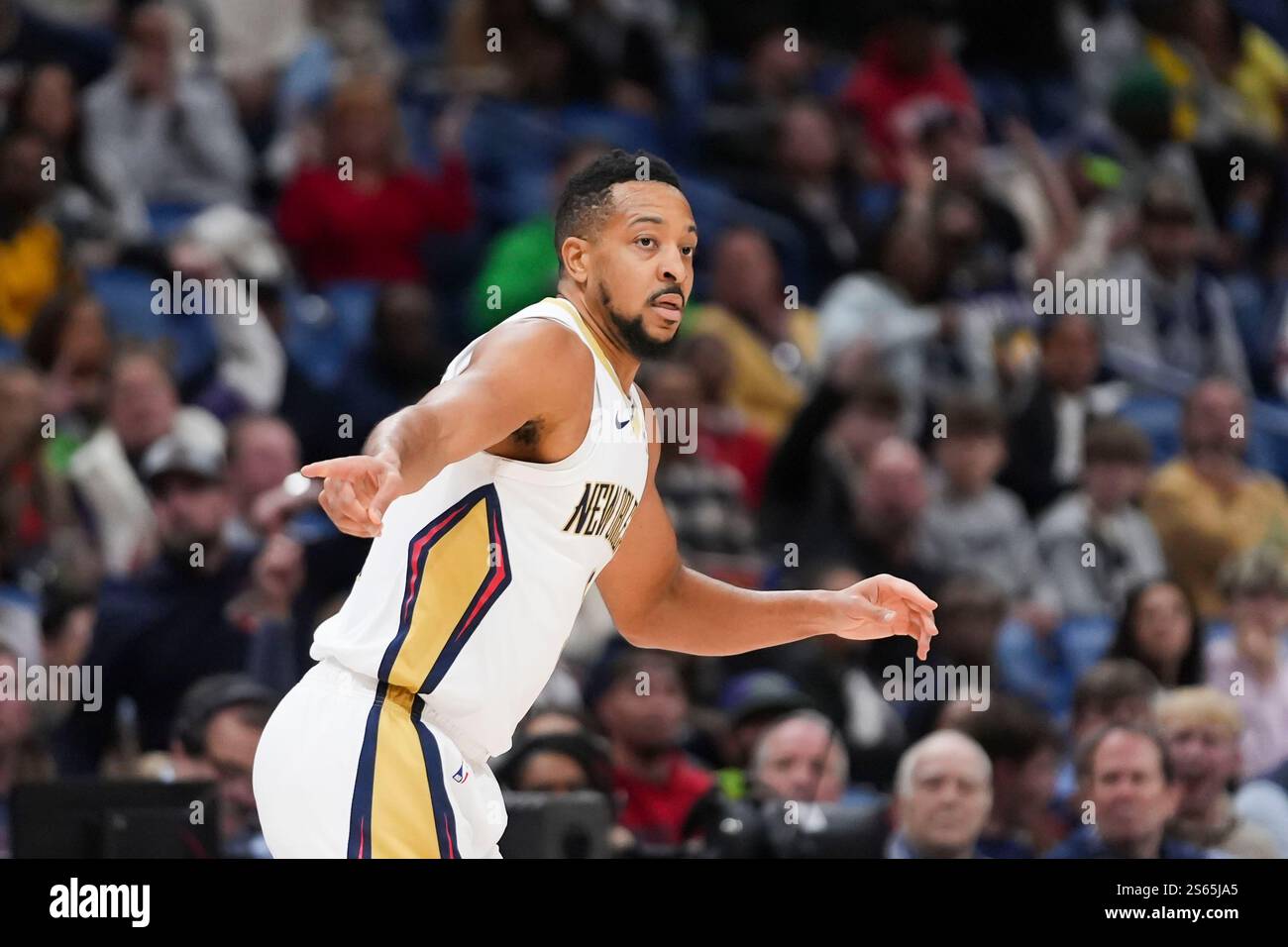 New Orleans Pelicans guard CJ McCollum reacts after making a 3-point ...