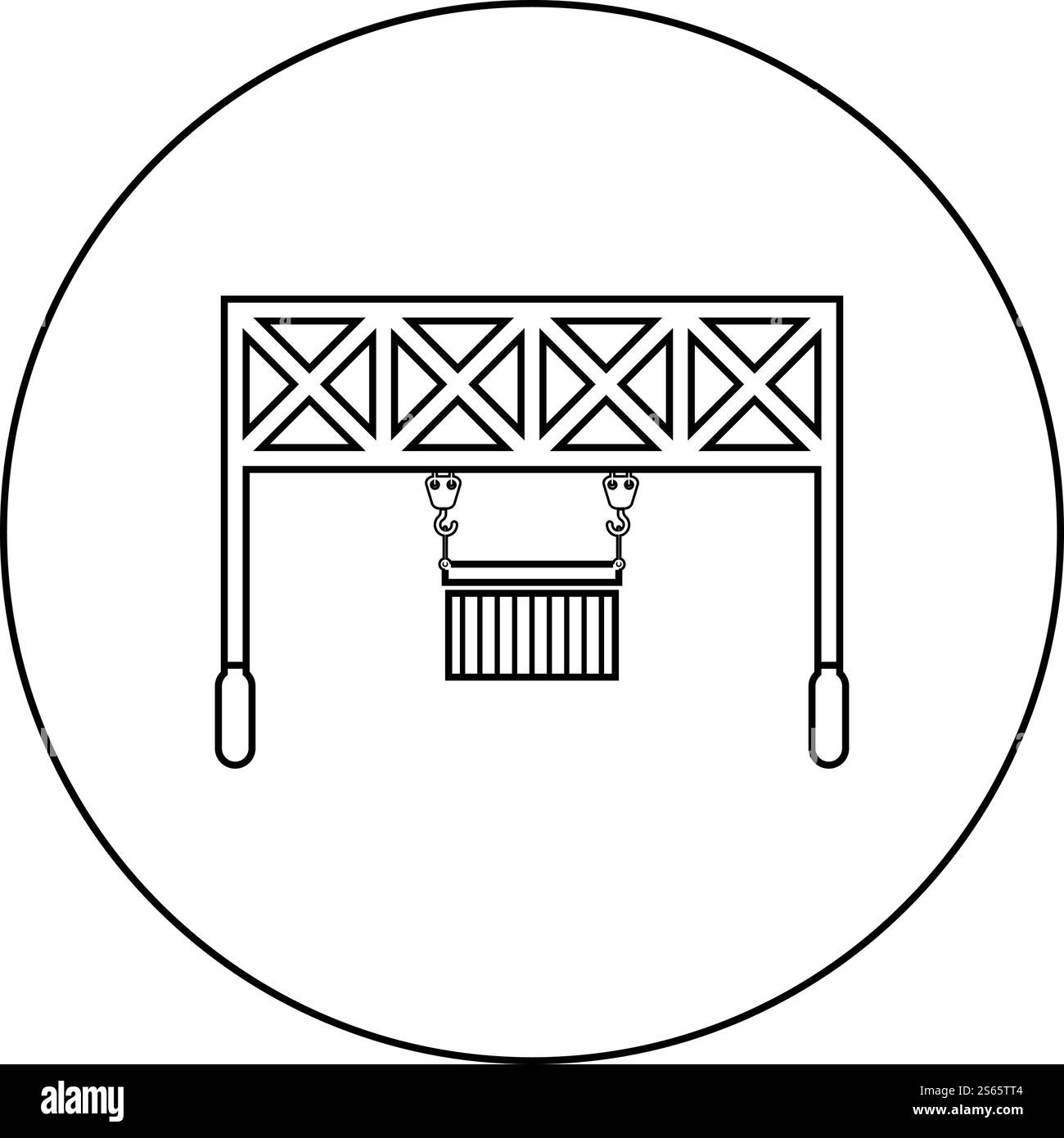 Port loader Railway crane with cargo container Lifting goods Logistic technology Terminal service icon in circle round outline black color vector illustration flat style simple image. Port loader Railway crane with cargo container Lifting goods Logistic technology Terminal service icon in circle round outline black color vector illustration flat style image Stock Vector