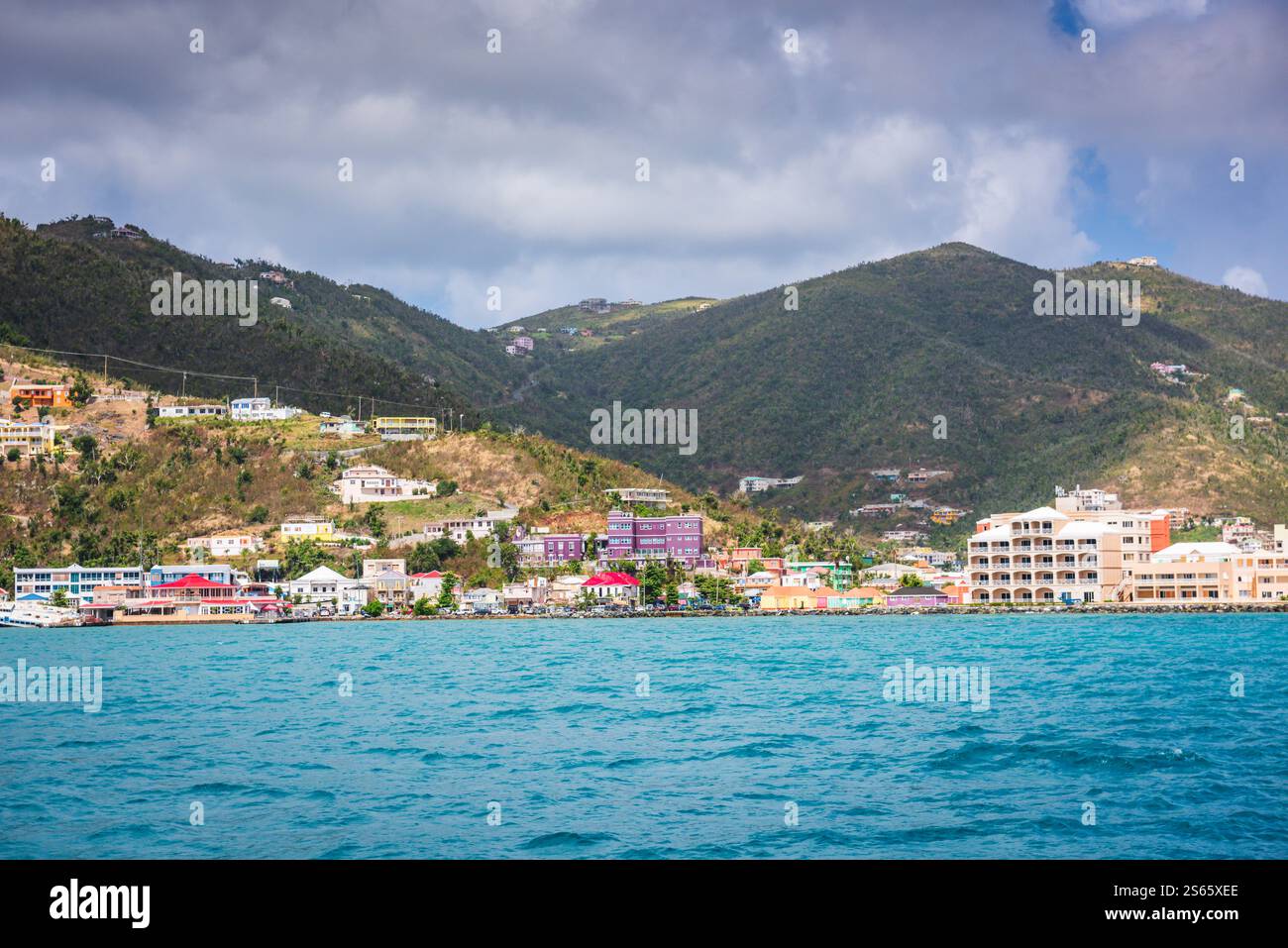 Road Town, Tortola, BVI - March 23, 2018: View of Road Town, the capital and largest town of the British Virgin Islands, from the water. Stock Photo