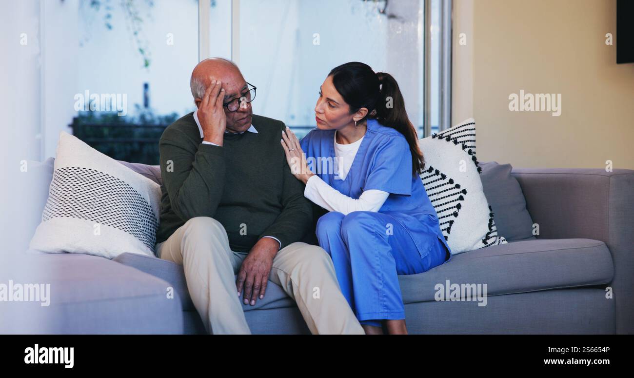 Checkup, comfort and nurse with senior man on sofa in retirement home ...