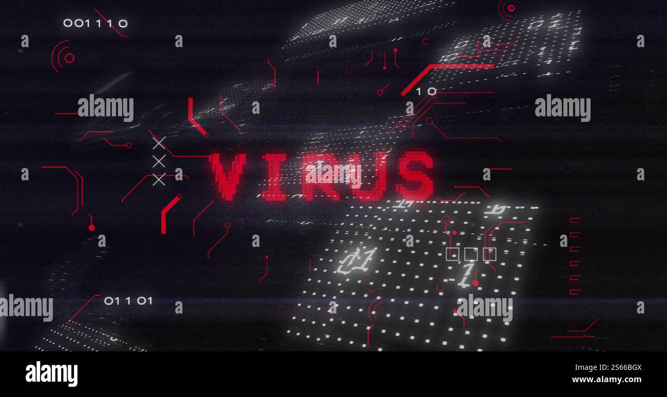 Image of binary coding and digital data processing over virus text Stock Photo