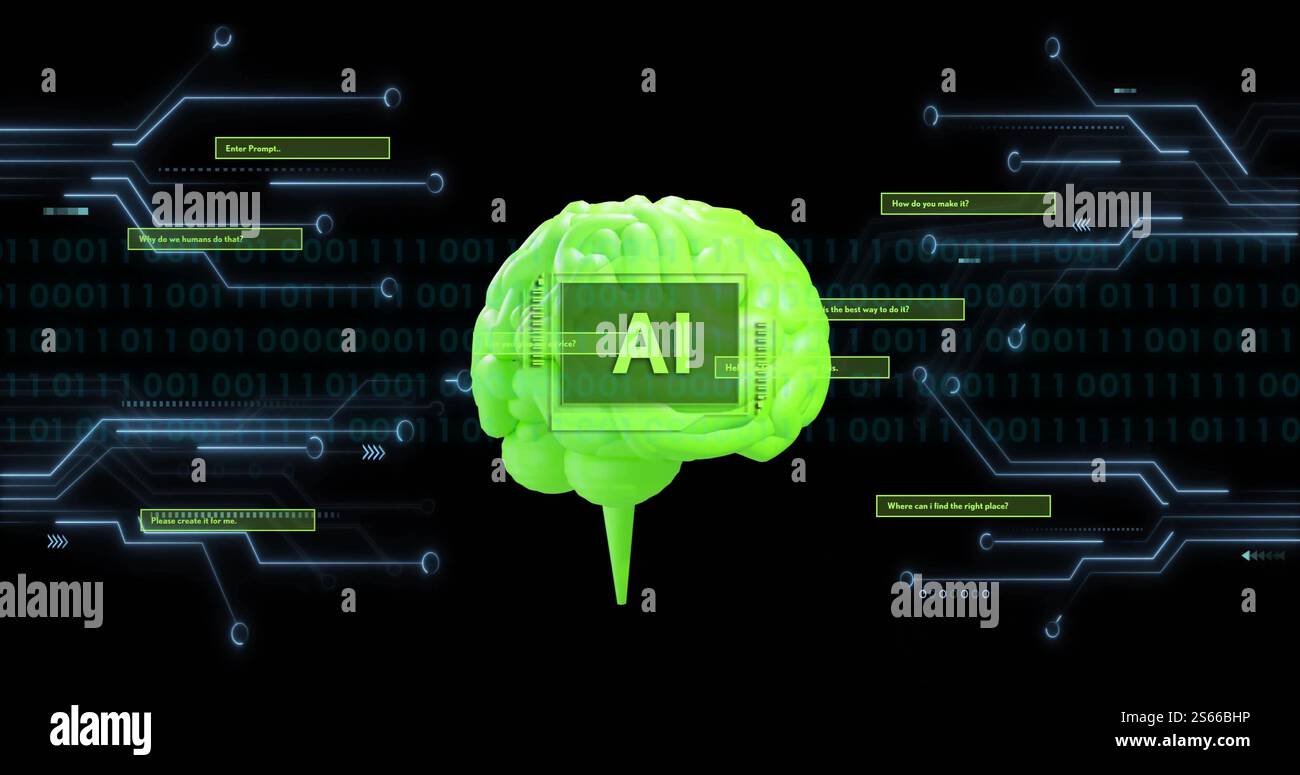 Image of binary coding data processing over ai brain Stock Photo