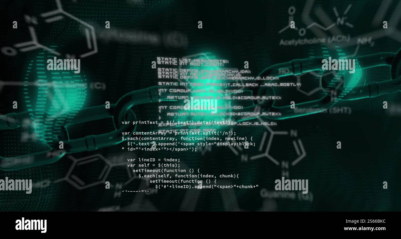 Image of data processing and chain over elements and glowing data on black background Stock Photo