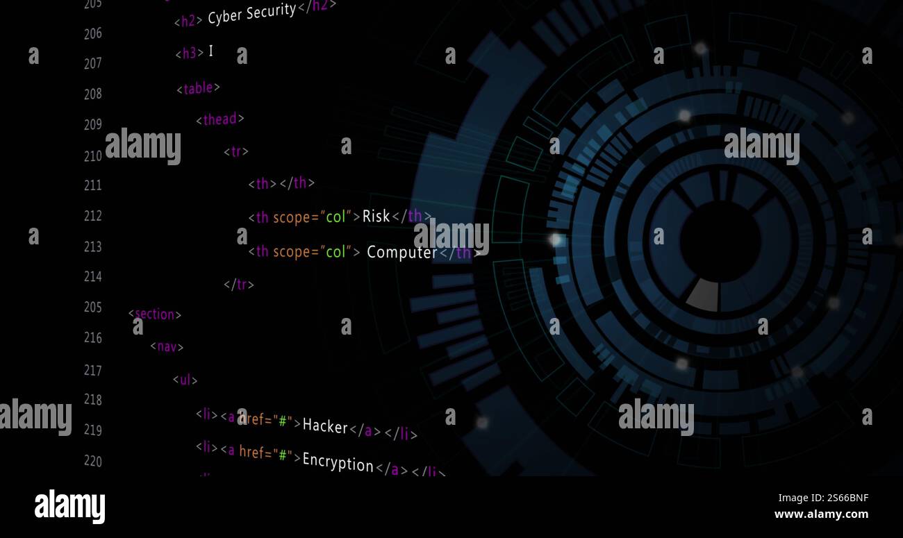 Image of data processing over blue circular scanner on black background Stock Photo