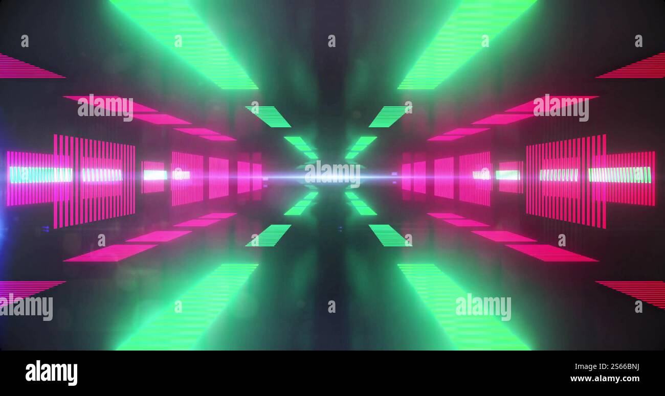 Image of glowing neon pattern moving over black background Stock Photo