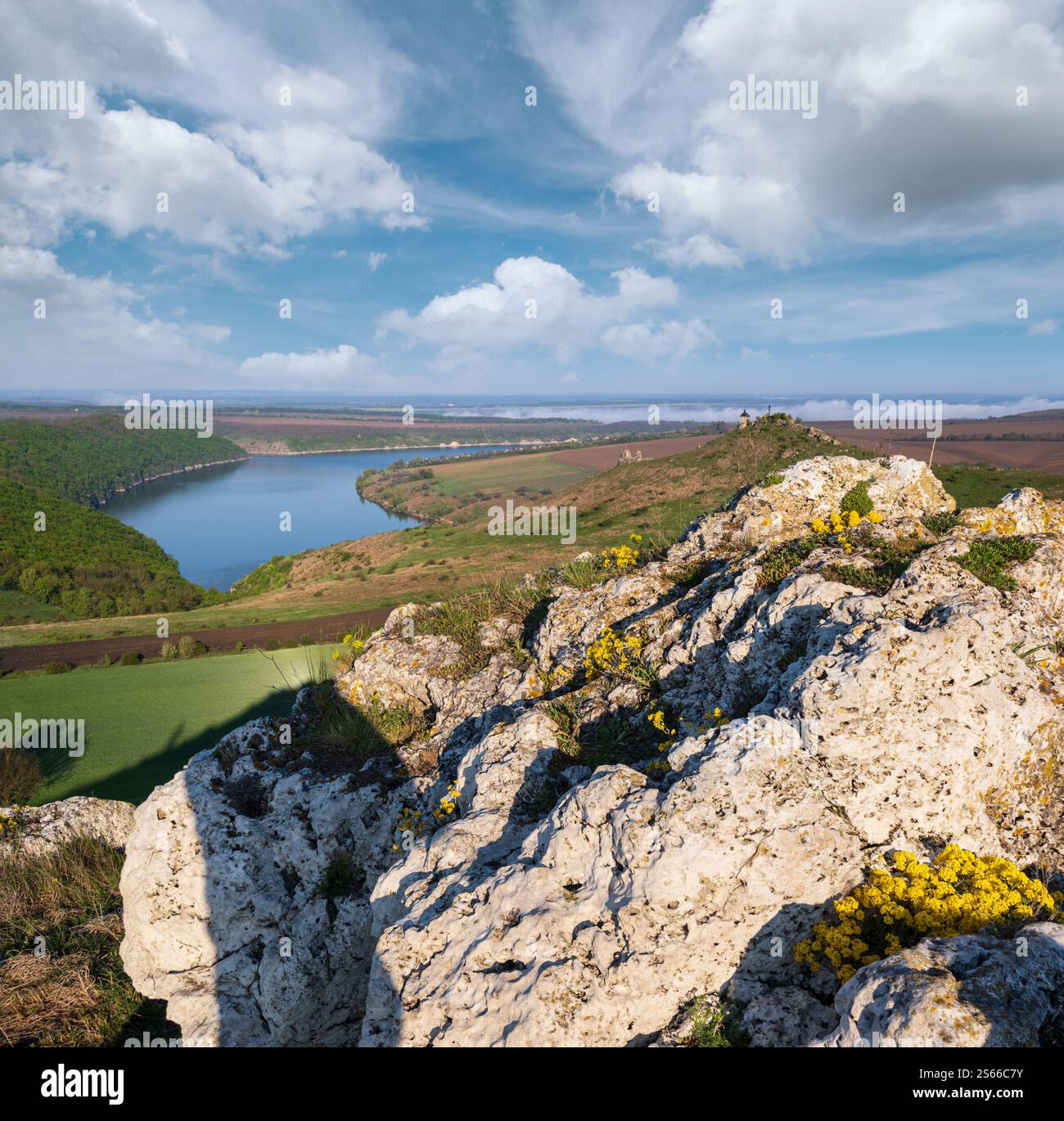 Ukraine without russian aggression. Amazing spring view on the Dnister River Canyon with picturesque rocks, fields, flowers. This place named Stock Photo