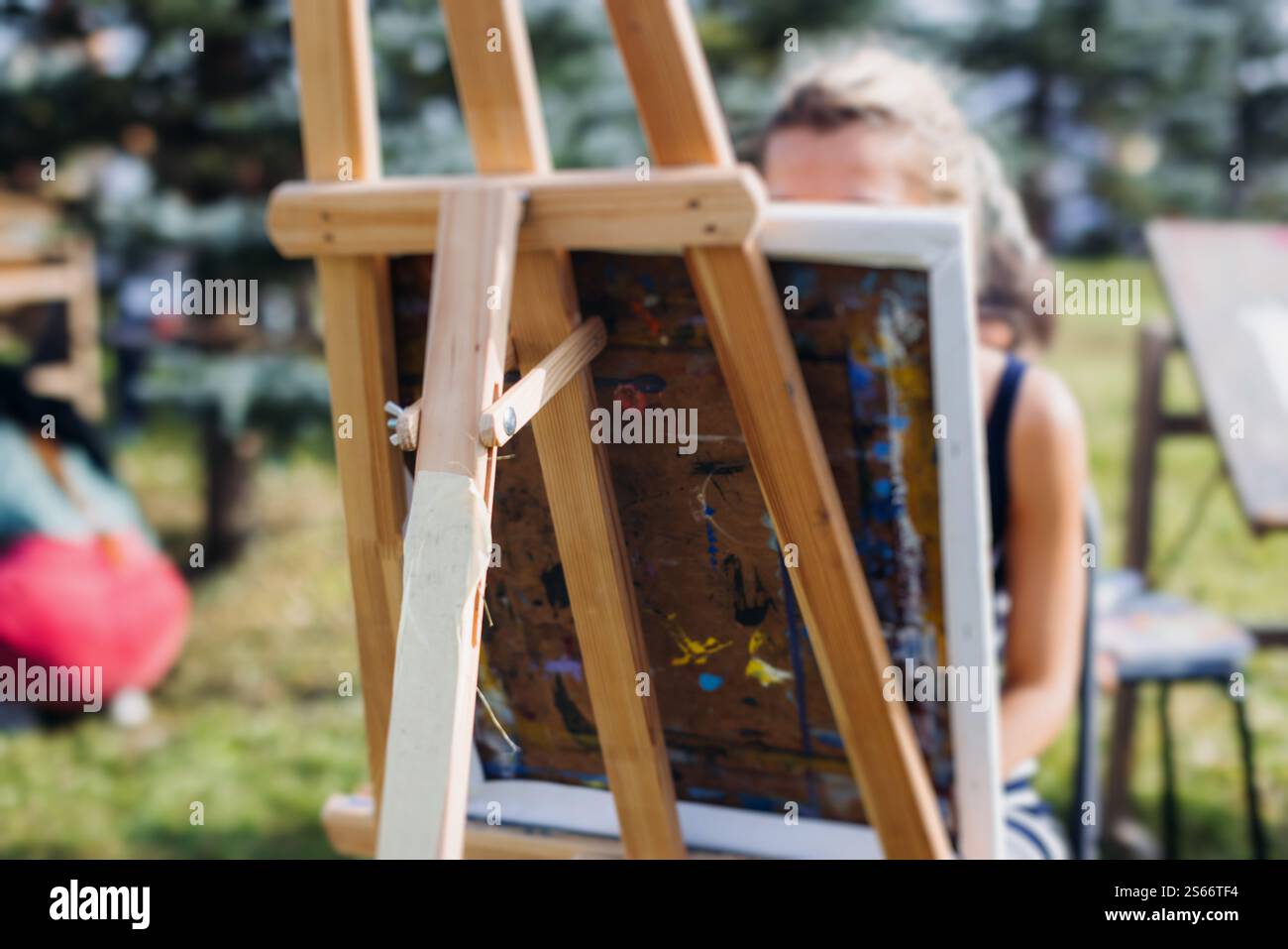 Kids drawing at plein air, group class of talented children with ...