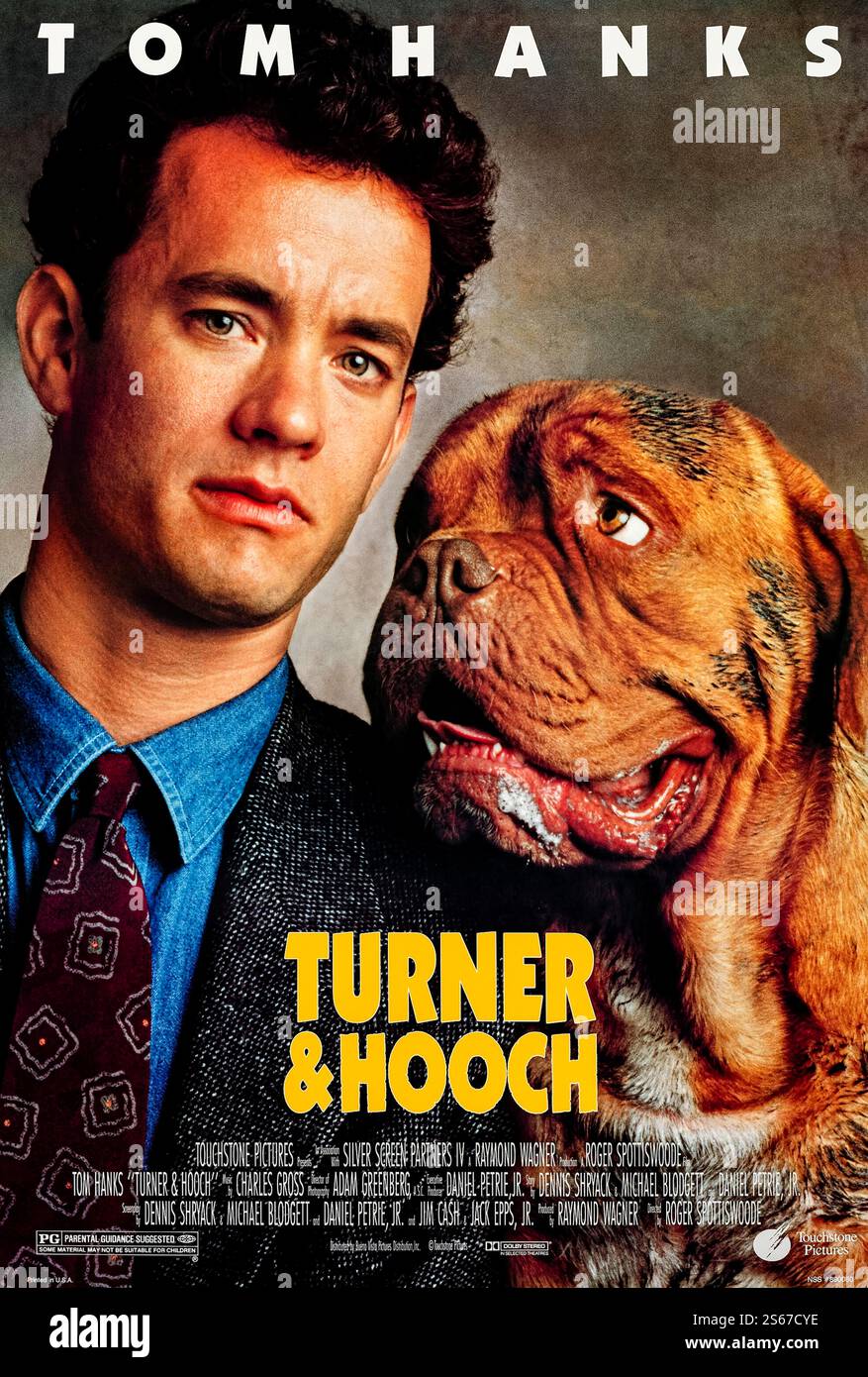 Turner & Hooch (1989) directed by Roger Spottiswoode and starring Tom Hanks, Mare Winningham, and Craig T. Nelson. A neat-freak detective must adopt a slobbering dog to help solve his friend's murder. Photograph of an original 1989 US one sheet poster EDITORIAL USE ONLY. Credit: BFA / Touchstone Pictures Stock Photo