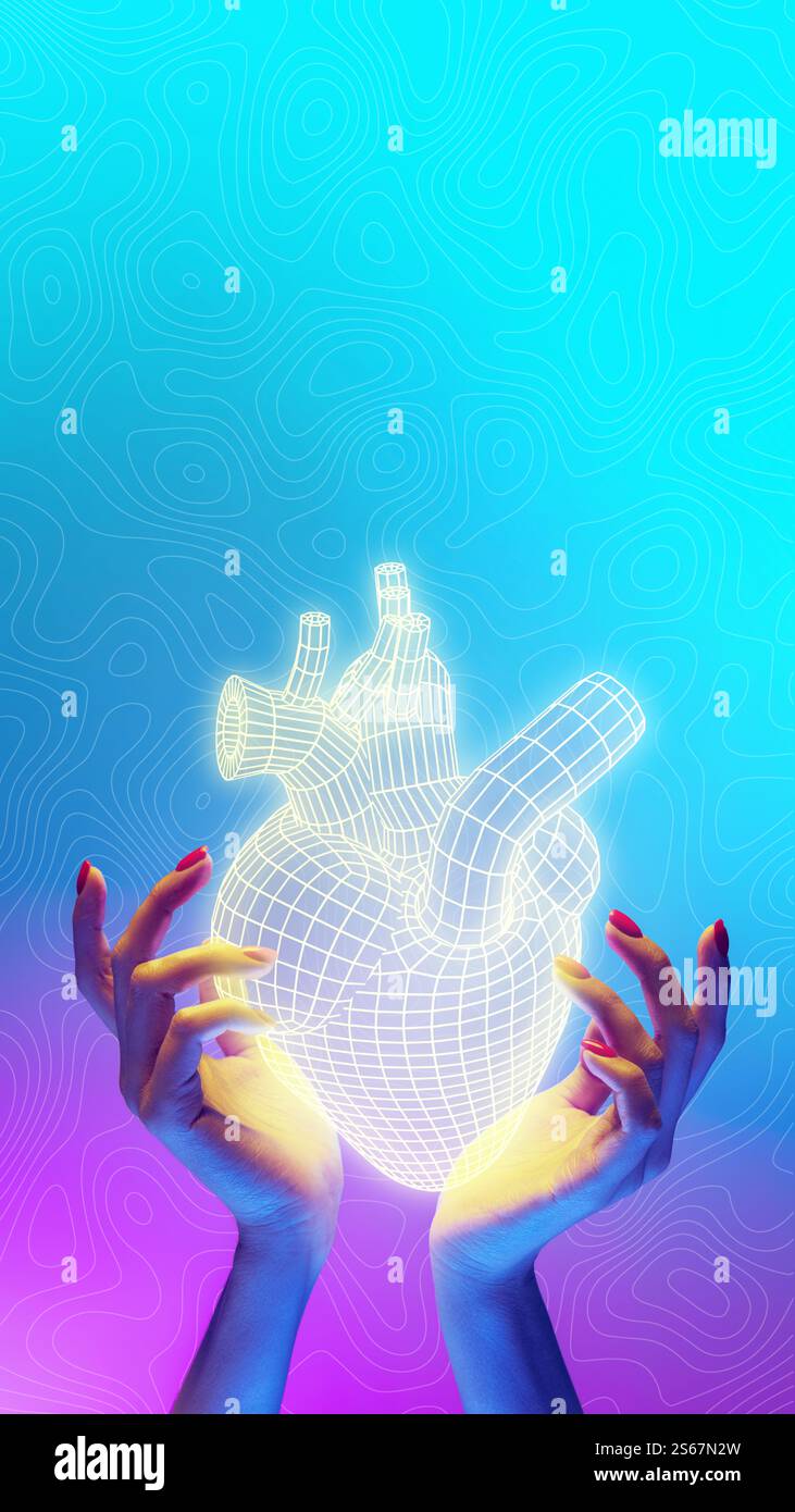 Hands holding glowing holographic heart model against vibrant background, symbolizing cardiovascular innovation and futuristic medicine. Stock Photo