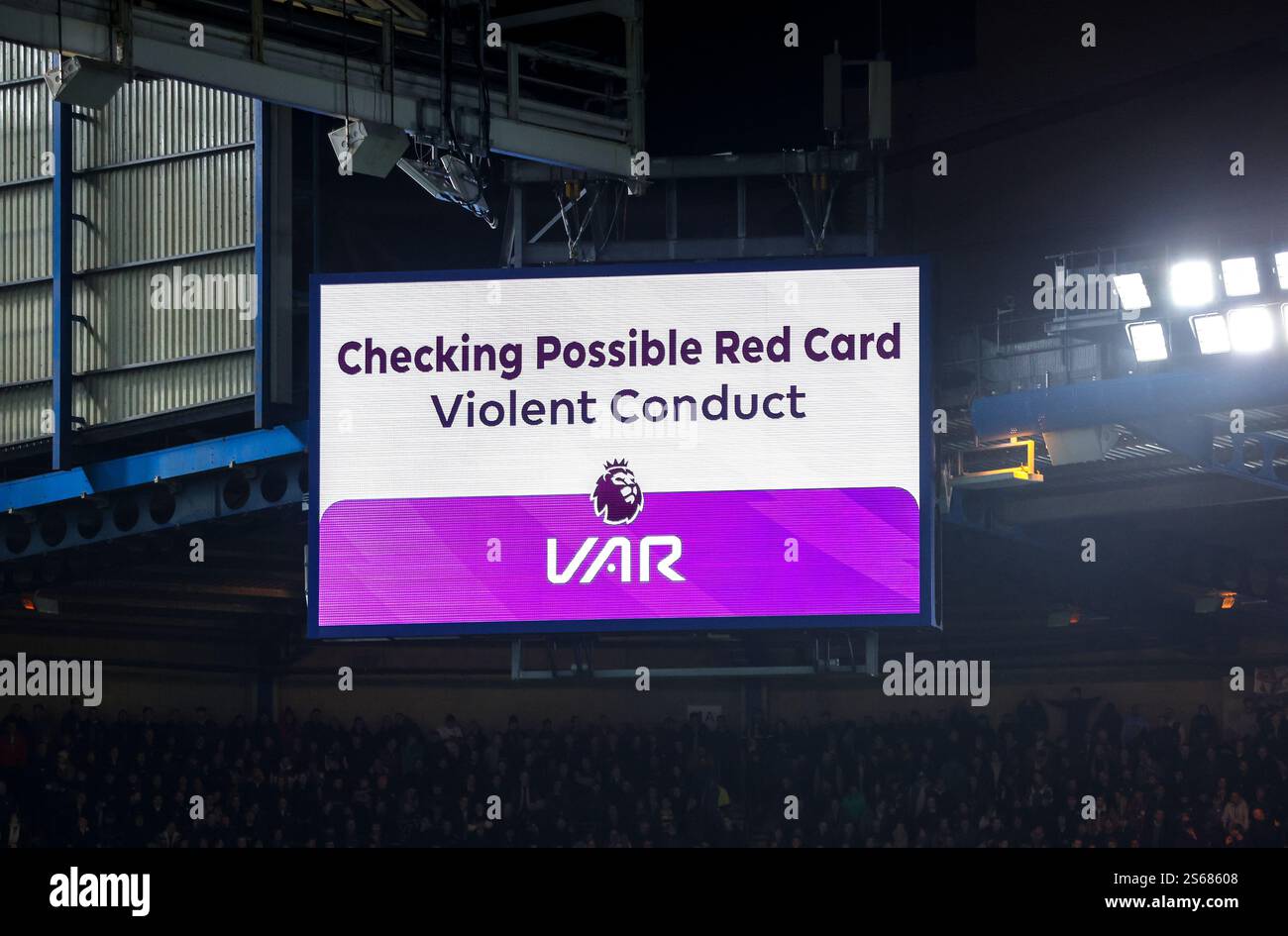 General view of the tv screen as referee Robert Jones checks VAR for a ...