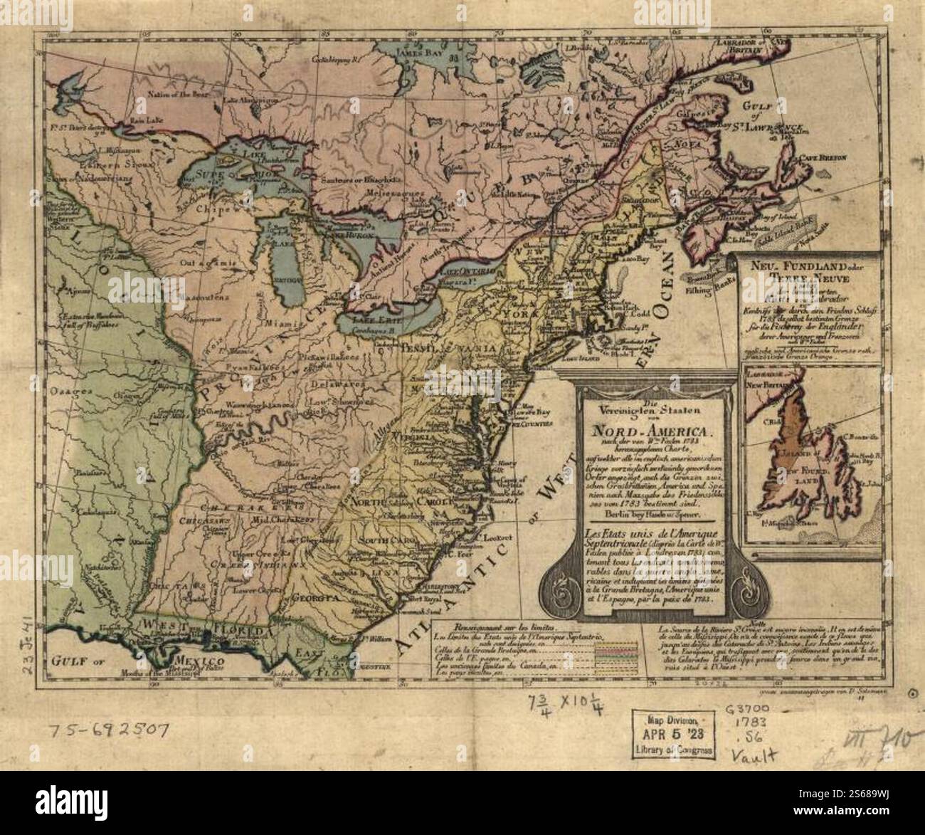 Die Vereinigten Staaten von Nord-America, nach der von Wm. Faden 1783 herausgegebenen Charte, auf welcher alle im englisch americanischen Kriege vorzüglich merkwürdig gewordenen Örter angezeigt, auch die Grenzen zwischen Grosbrittanien, America und Spanien nach Maasgabe des Friedensschulusses von 1783 bestimmt sind. Les États Unis de l'Ámerique Septentrionale ... 1783 by Sotzmann  D. F., Faden  William, Haude und Spener. Stock Photo