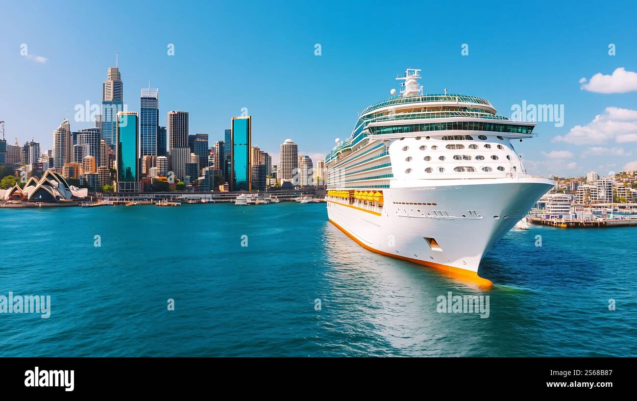 Luxury cruise ship docked in a vibrant coastal city skyline with