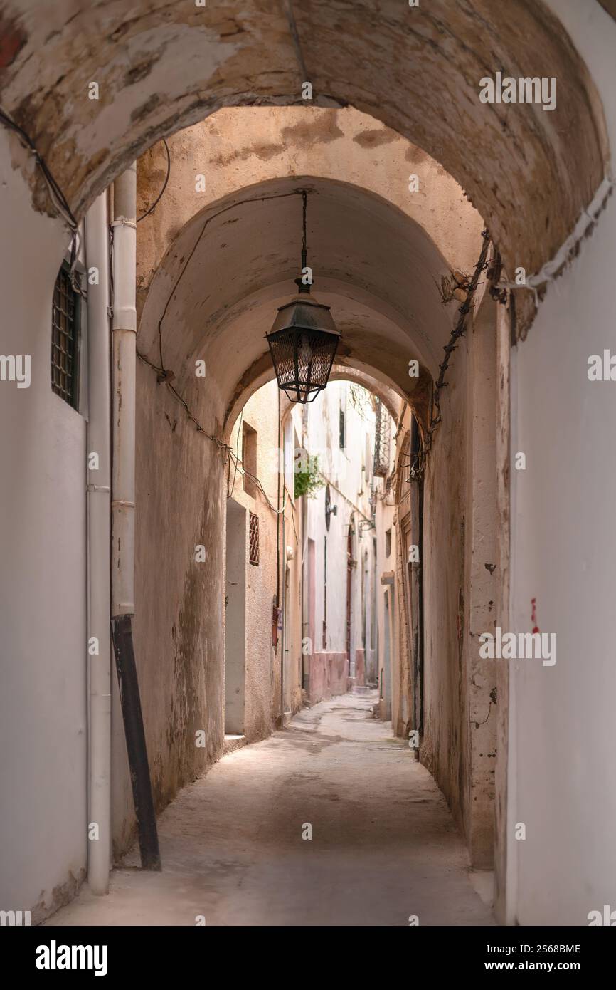 A narrow alleyway in Tunis adorned with historic architecture and a hanging lantern. Stock Photo