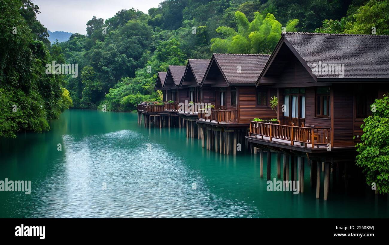 Tranquil Wooden Stilt Homes on Pristine River in Lush Asian Landscape ...