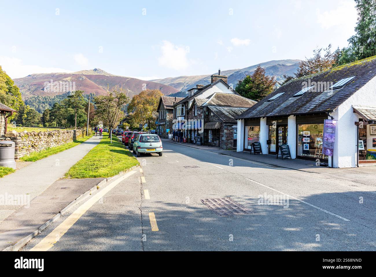 Grasmere Village, Cumbria, Lake District, UK, England, Grasmere, village, villages, village centre, road, street, roads, streets, grasmere shops, shop Stock Photo