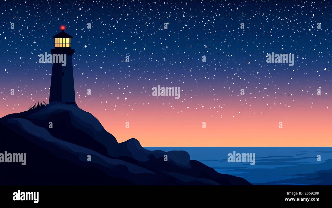 Dramatic coastal lighthouse silhouetted against a starry night sky ...