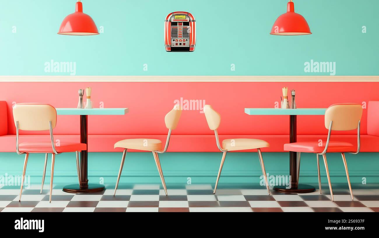 Curated visual reference: Fresh Look at Vintage 1950S Style Diner Interior With Retro Jukebox Checkered Floor