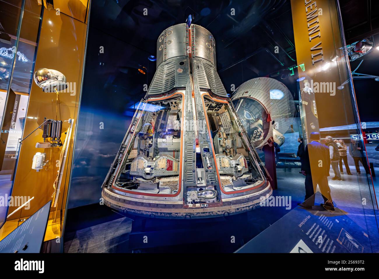 WASHINGTON DC — The Gemini VII spacecraft, which carried astronauts Frank Borman and James Lovell during their 14-day mission in December 1965, is displayed at the Smithsonian National Air and Space Museum's Destination Moon exhibition. Built by McDonnell Aircraft in St. Louis, the capsule measures 18 feet 3 inches in length and participated in the world's first space rendezvous. Stock Photo