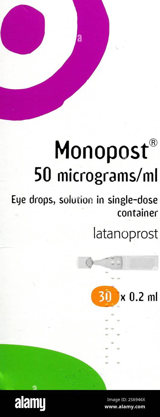 A package of Monopost (Latanoprost) medication used to lower high pressure in the eyes caused by Glaucoma. Monopost is made in France by Thea Pharmaceuticals. Stock Photo