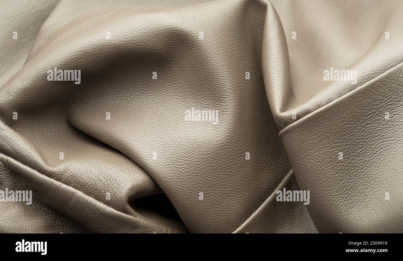 Texture of dark khaki smooth leather coat closeup. Production and ...
