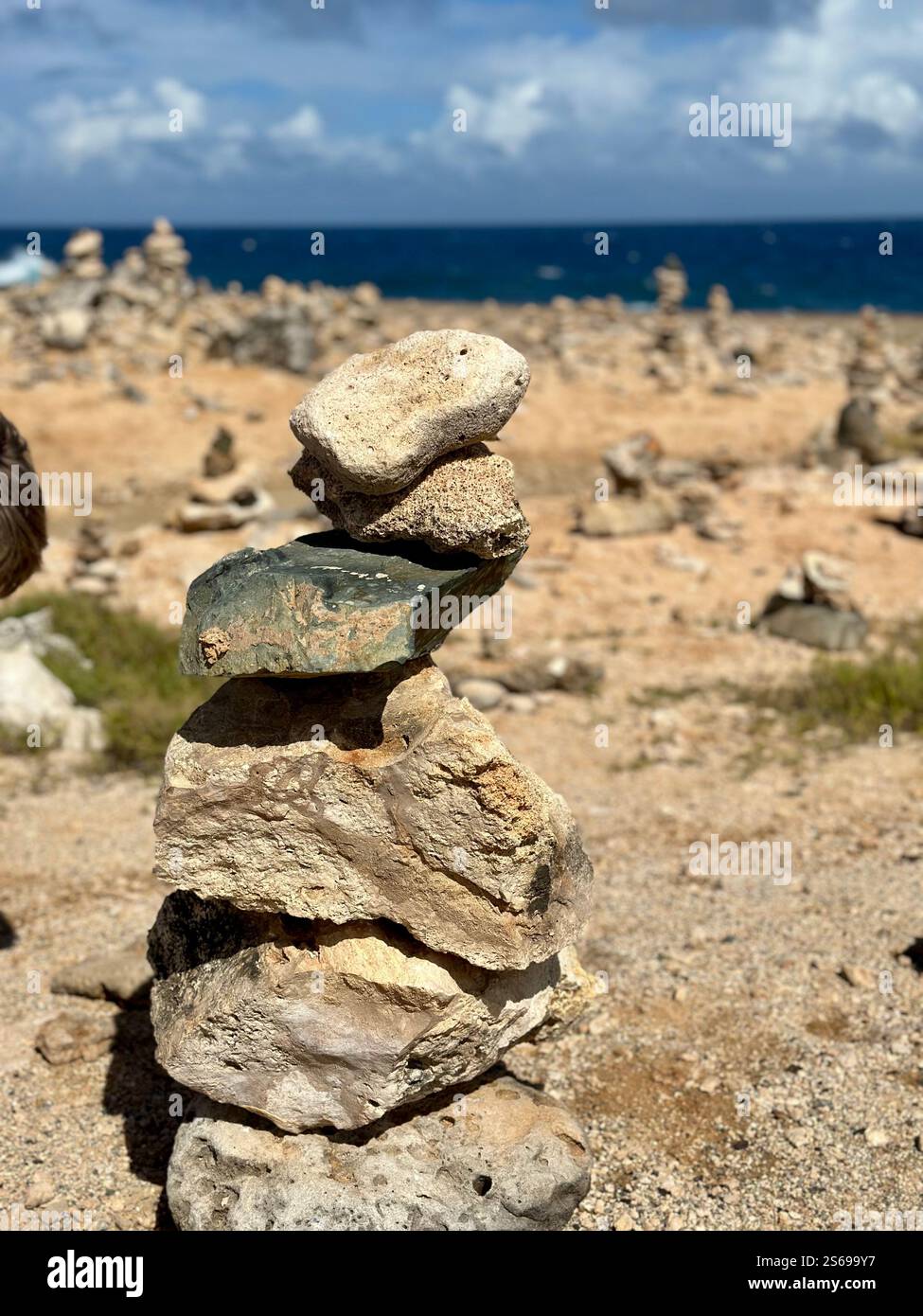 stone stacking in Aruba - Smartphone Captured Stock Image