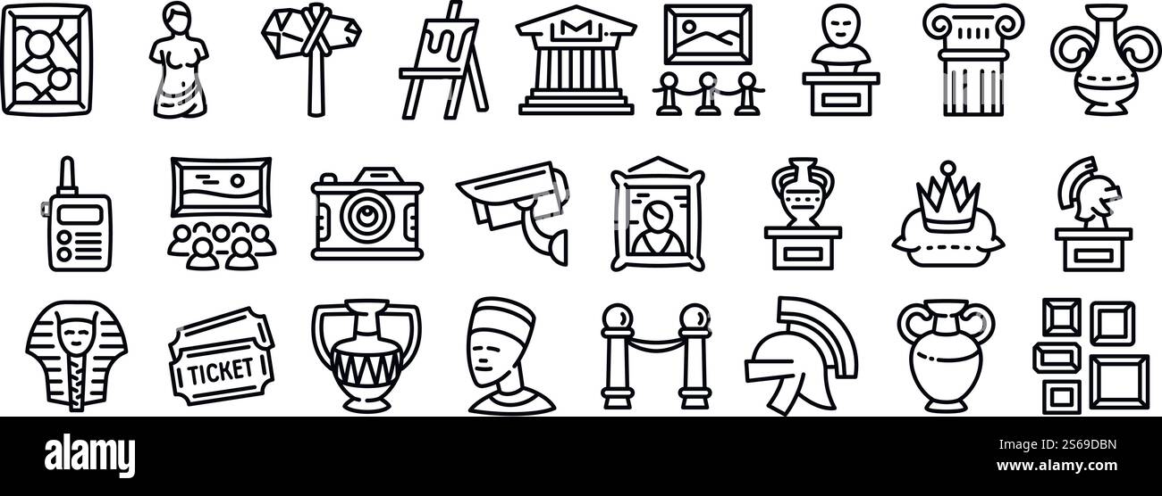 Museum icons set. Outline set of museum vector icons for web design ...